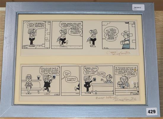 Reg Smythe (1917-1998), two pen and ink Andy Capp four-panel strips cartoons, framed together, inscribed by Reg Smythe
